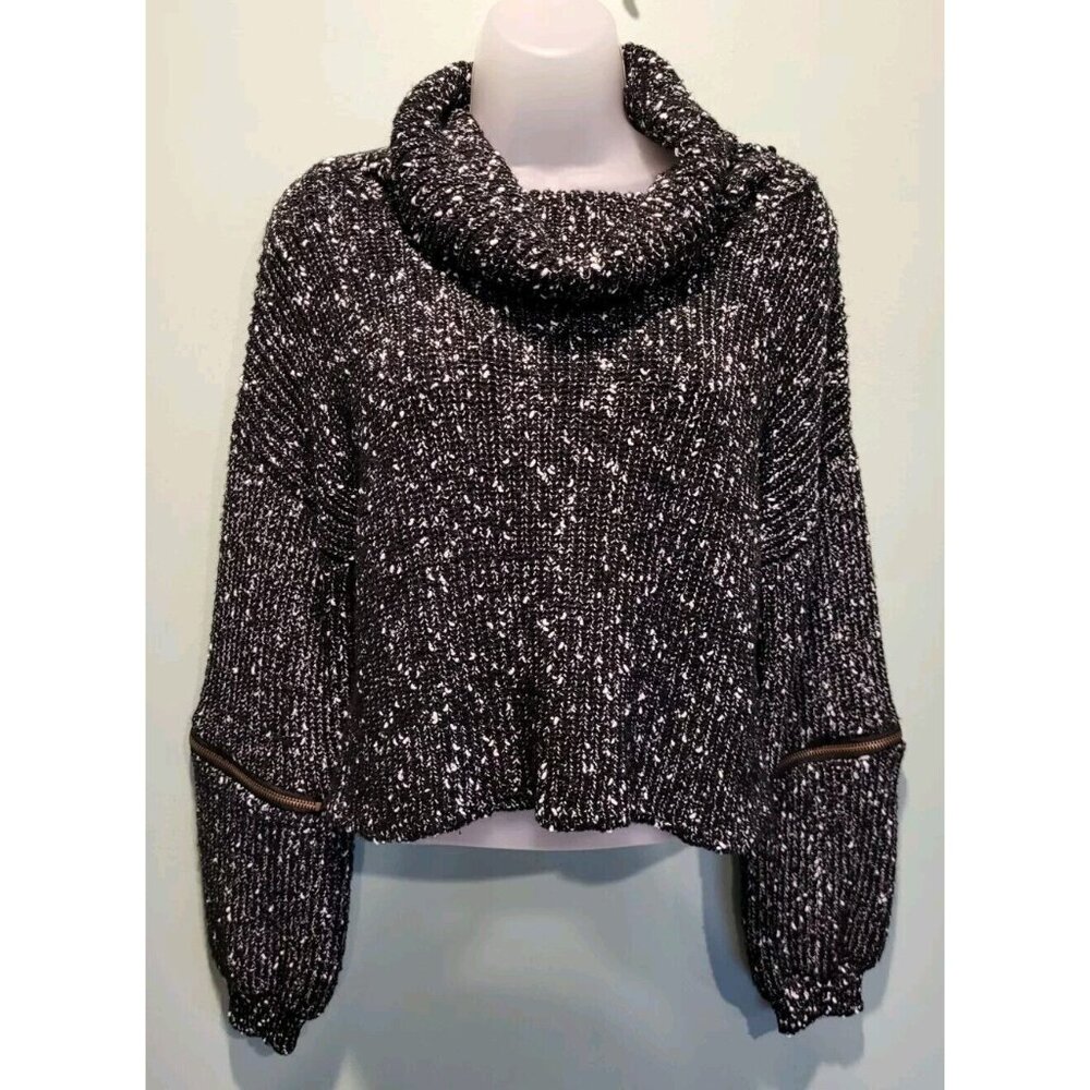 Y2K Black Speckled Chunky Knit Cowl Neck Crop Sweater Zipper Accent Sz M/L 36.5